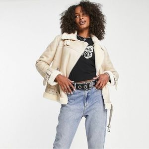 Topshop Tall faux leather shearling aviator biker jacket